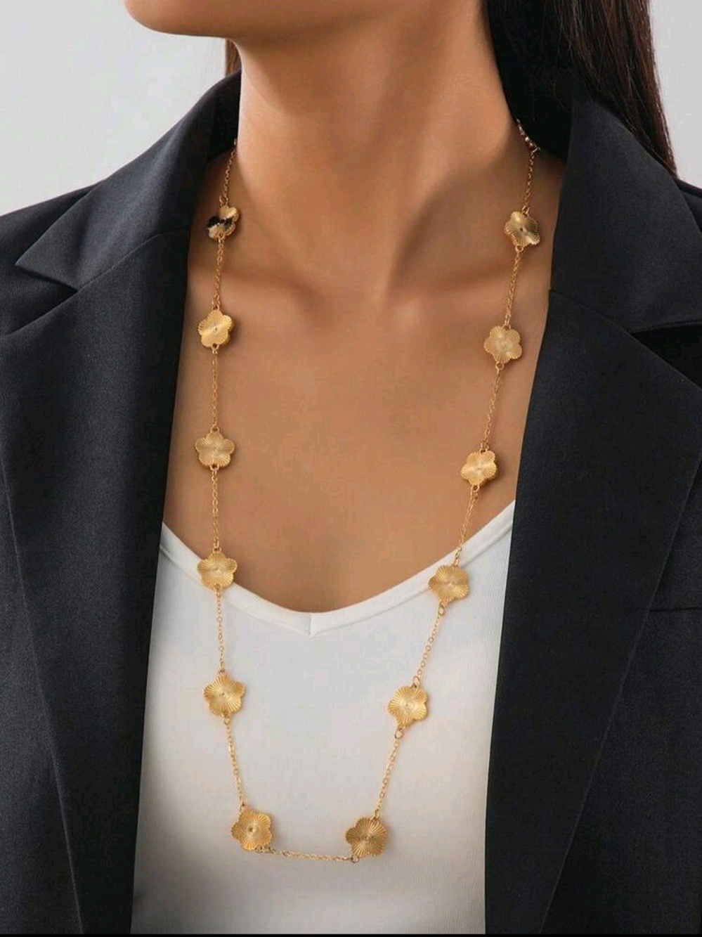 Gold Floral Link Long Necklace - Women Jewelry